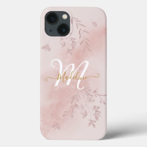 Watercolor Botanical Leaves Foliage Pink Monogram iPhone 13 Case