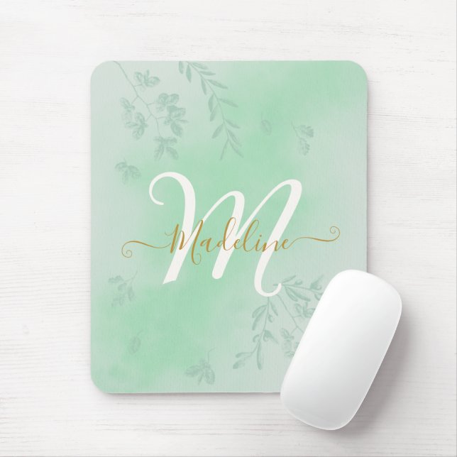 Watercolor Botanical Leaves Green Monogram Mouse Pad (With Mouse)