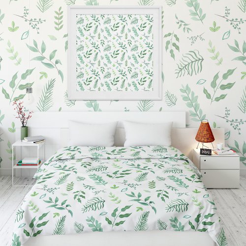 Watercolor Botanical Leaves Pattern on White Duvet Cover