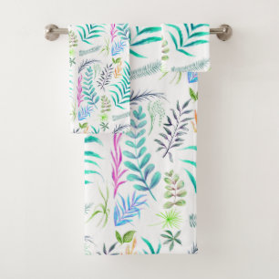 Watercolor Botanical Leaves Pattern White Bath Towel Set