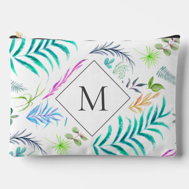 Watercolor Botanical Leaves Pattern White Monogram Accessory Pouch (Front)
