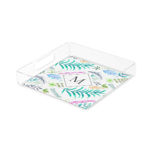Watercolor Botanical Leaves Pattern White Monogram Acrylic Tray