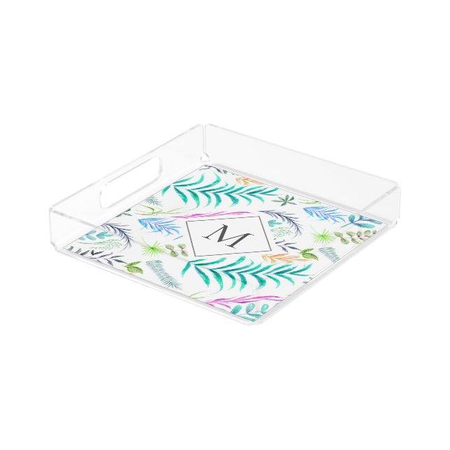 Watercolor Botanical Leaves Pattern White Monogram Acrylic Tray (Angled)