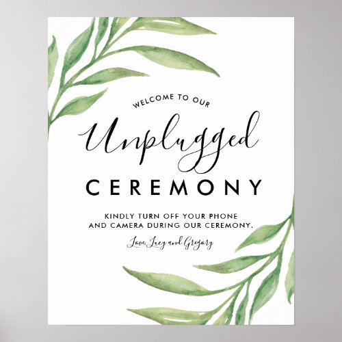 Watercolor Botanical Leaves Unplugged Wedding Sign