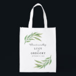 Watercolor Botanical Leaves Wedding Guest Welcome Grocery Bag<br><div class="desc">This Botanical themed wedding guest favor bag features original hand painted watercolor of laurel leaves in opposite corners. You can use this gift bag to give to your traveling guests and fill with fun little gifts. Customize with your names and wedding date. Colors are in different shades of greens. For...</div>