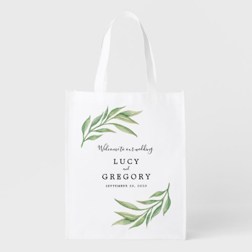 Watercolor Botanical Leaves Wedding Guest Welcome Grocery Bag