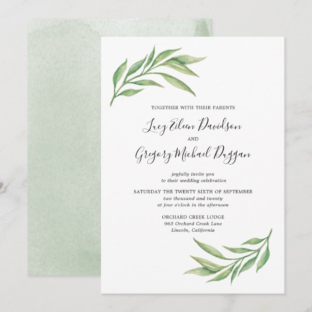 Watercolor Botanical Leaves Wedding Invitation (Front/Back)