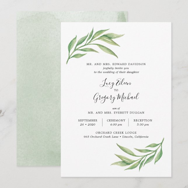 Watercolor Botanical Leaves Wedding Invitation (Front/Back)