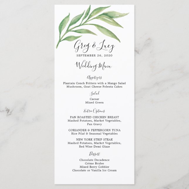 Watercolor Botanical Leaves Wedding Reception Menu (Front)