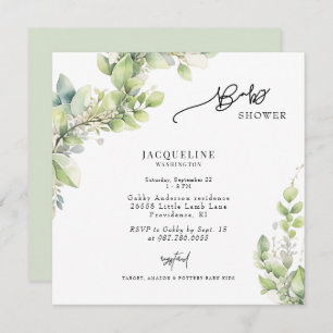 Watercolor Botanical Light Sage Square Baby Shower Invitation
