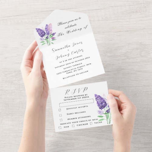 Watercolor Botanical lilac Purple Floral Wedding All In One Invitation