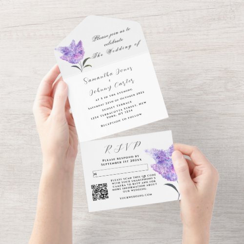 Watercolor Botanical lilac Purple Floral Wedding All In One Invitation