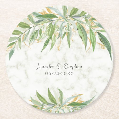 Watercolor Botanical Marble Elegant Wedding Round Paper Coaster