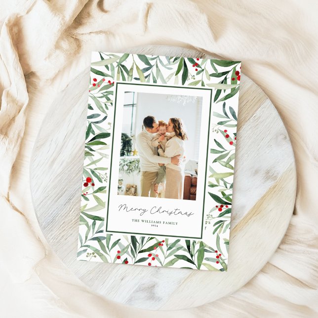 Watercolor Botanical Merry Christmas Photo Holiday Card (Creator Uploaded)