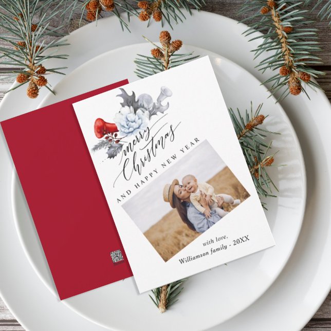 Watercolor Botanical Merry Christmas Photo  Holiday Card (Creator Uploaded)