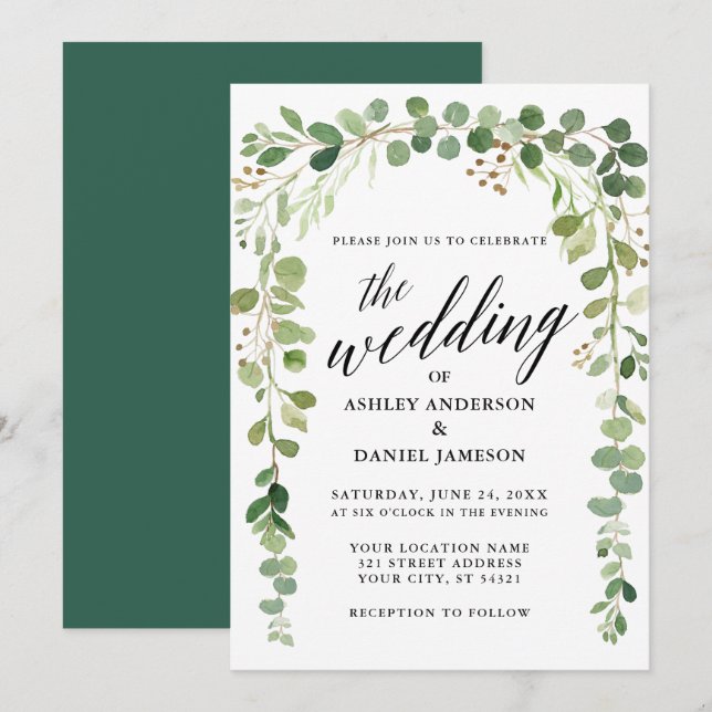 Watercolor Botanical Modern Calligraphy Wedding Invitation (Front/Back)