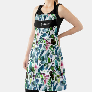 Watercolor botanical monogram name Kitchen Apron