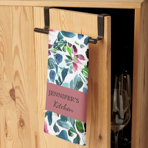 Watercolor botanical monogram name Kitchen script Kitchen Towel
