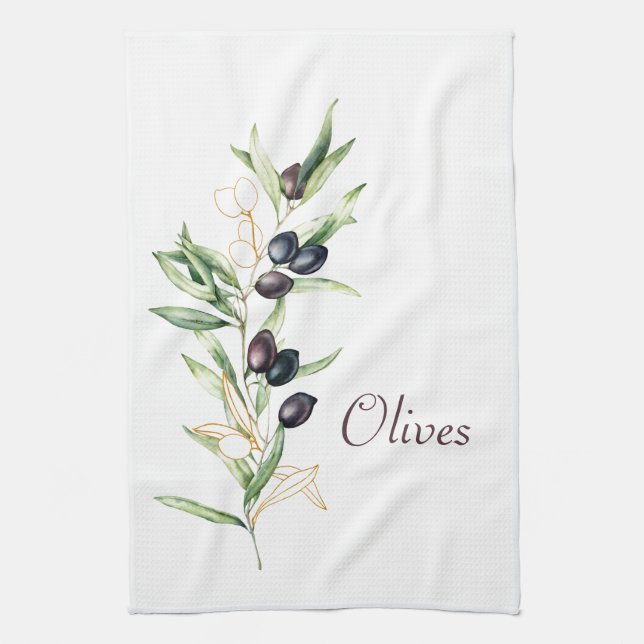 Watercolor Botanical Olive Branch Tea Towel (Vertical)