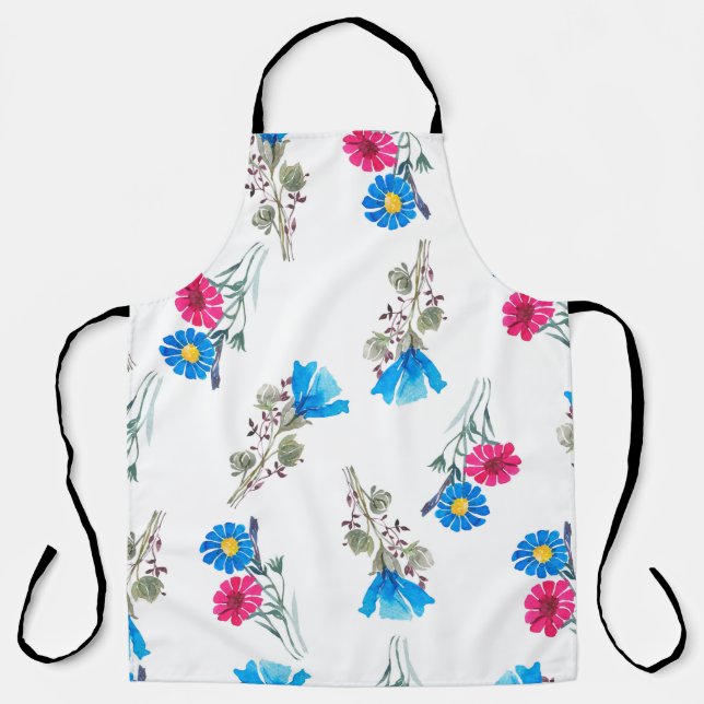 Watercolor botanical pattern of bright pink spring apron (Front)