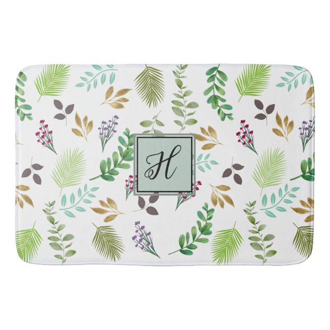 "Watercolor Botanical Personalized Bath Mat (Front)