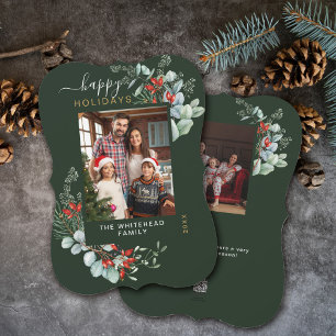 Watercolor Botanical Photo Forest Green Holiday Card