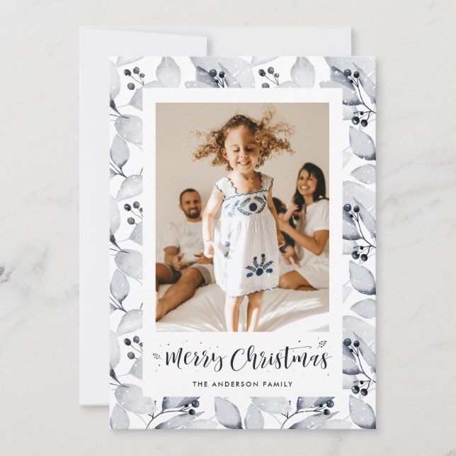 Watercolor Botanical Photo Merry Christmas Card (Front)