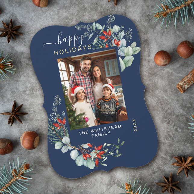 Watercolor Botanical Photo Navy Holiday Card (You will love these beautiful Christmas cards! They feature botanical watercolor pine and berries.)