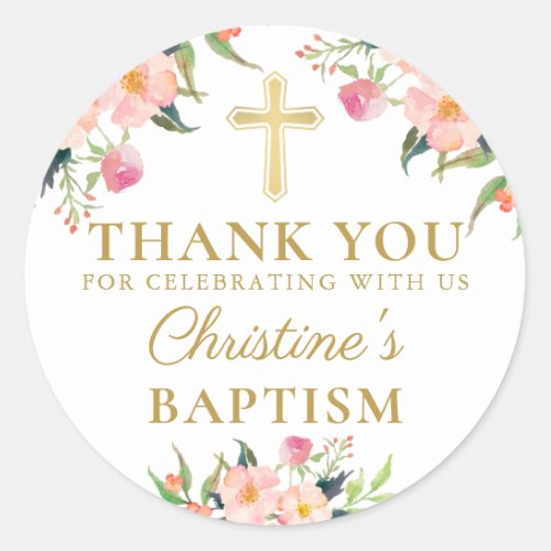 Watercolor Botanical Pink Floral Baptism Thank You Classic Round Sticker