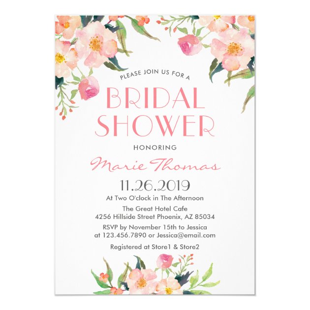 Watercolor Botanical Pink Floral Bridal Shower Invitation