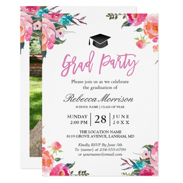 Watercolor Botanical Pink Floral Graduation Party Card (front side)
