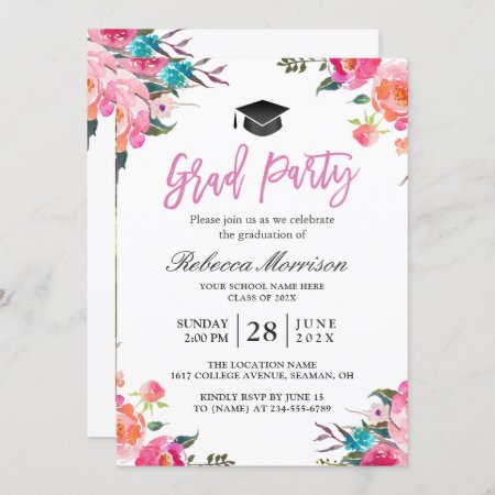 Watercolor Botanical Pink Floral Graduation Party Invitation
