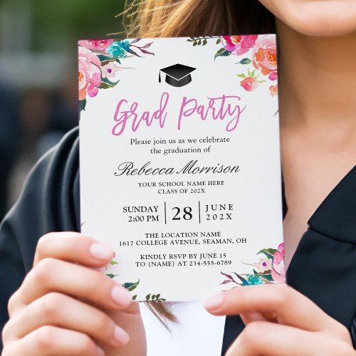Watercolor Botanical Pink Floral Graduation Party Card