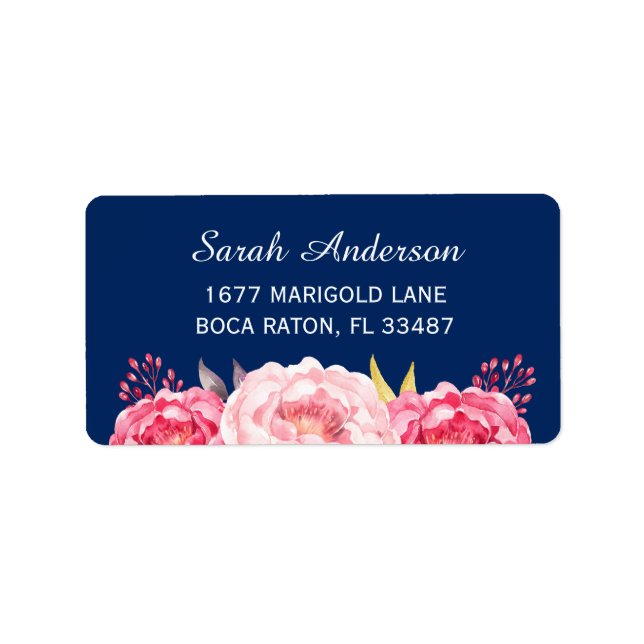 Watercolor Botanical Pink Flowers Navy Blue Label (Front)