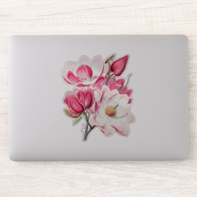 Watercolor Botanical Pink Magnolia Flowers Sticker (Computer)