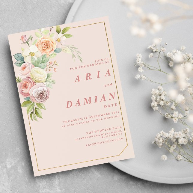 Watercolor botanical pink spring floral Wedding  Invitation (Watercolor botanical pink spring floral Wedding )