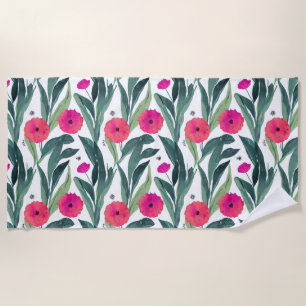 Watercolor Botanical Poppies Floral Pattern Beach Towel