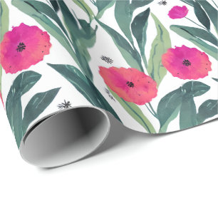 Watercolor Botanical Poppies Floral Pattern Wrapping Paper