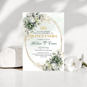 Watercolor Botanical Quinceañera Dusty Green Invit Invitation