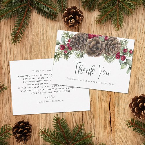 Watercolor Botanical Rustic Christmas Wedding Thank You Card