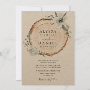 Watercolor botanical Rustic wood wedding  Invitation