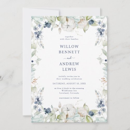 Watercolor Botanical Sage Navy Wedding Invitation