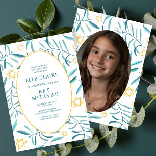 Watercolor Botanical Star Bar Bat Mitzvah Photo Invitation