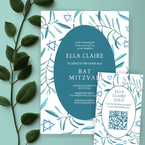 Watercolor Botanical Star David Bar Bat Mitzvah QR Enclosure Card