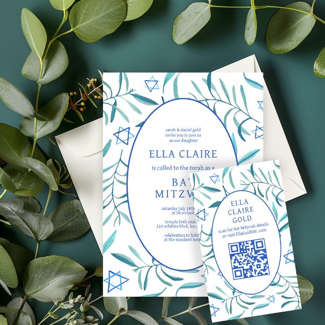 Watercolor Botanical Star David Bar Bat Mitzvah QR Enclosure Card (Watercolor Botanical Star David Bar Bat Mitzvah QR Enclosure Card
)