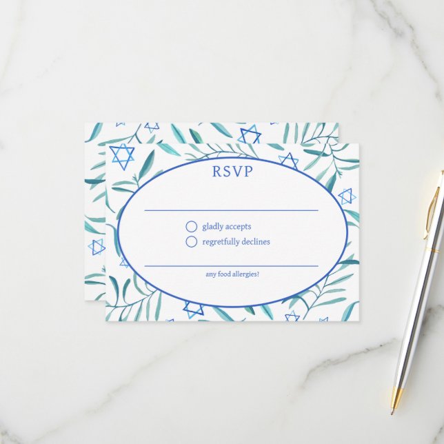 Watercolor Botanical Star David Bar Bat Mitzvah RSVP Card (Front/Back In Situ)
