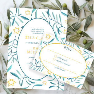 Watercolor Botanical Star David Bar Bat Mitzvah RSVP Card
