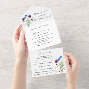 Watercolor Botanical Thistle Simple Floral Wedding All In One Invitation