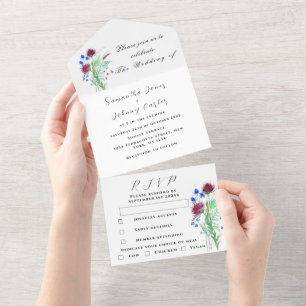 Watercolor Botanical Thistle Simple Floral Wedding All In One Invitation