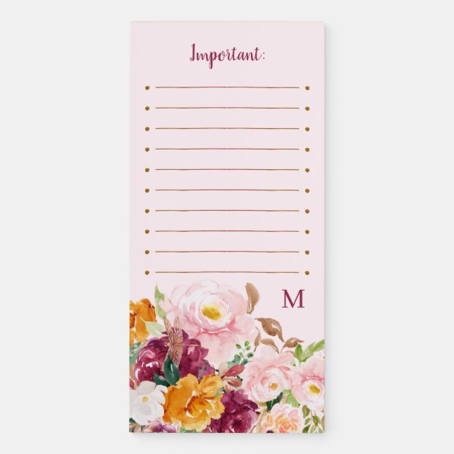 Watercolor botanical trendy floral monogrammed magnetic notepad (Front)